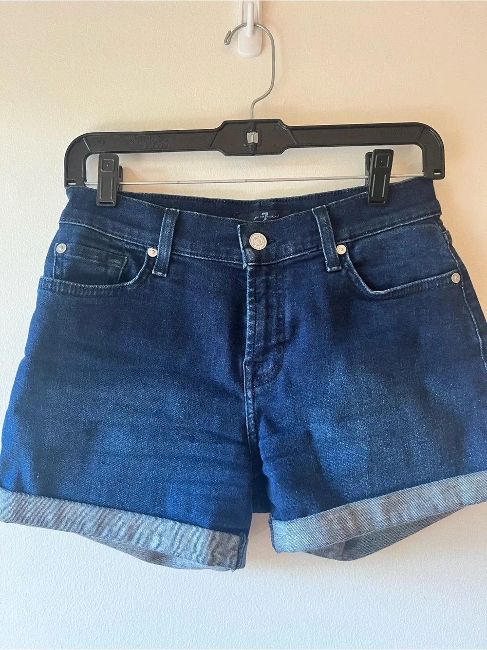 7 For All Mankind Indigo Blue Rolled-Cuff Denim Shorts